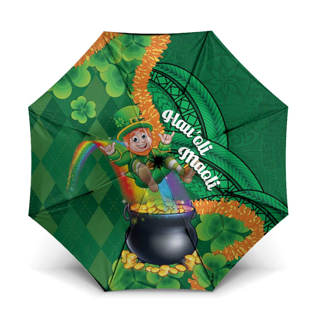 St Patrick's Day Hawaii Umbrella Hauoli Maoli Funny Shaka Leprechaun LT14 One Size Folded 11.42 inch Opened Diameter 37.4 inch Green - Polynesian Pride