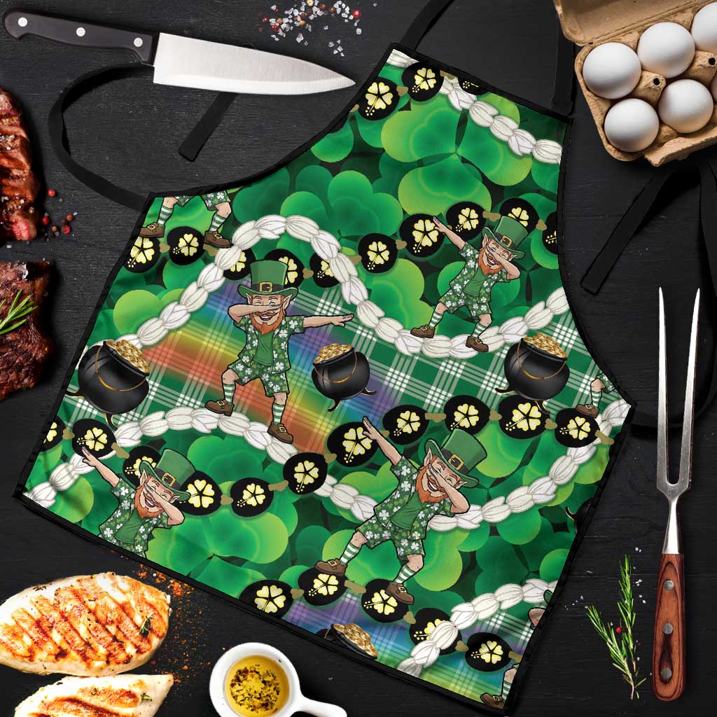 St Patrick's Day Palaka Hawaii Apron Kukui Nut Pikake Lei Shamrock Dabbing Leprechaun LT14 Green - Polynesian Pride