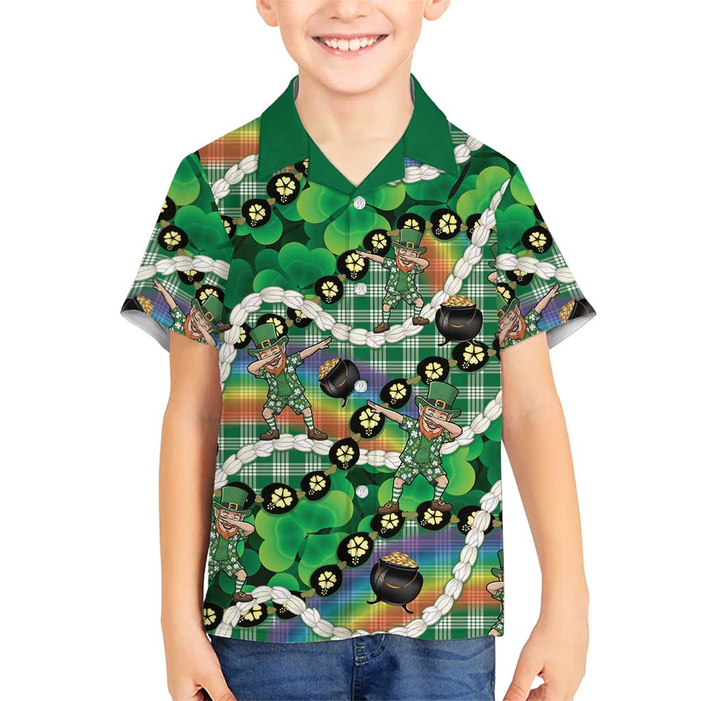 St Patrick's Day Palaka Hawaii Kid Hawaiian Shirt Kukui Nut Pikake Lei Shamrock Dabbing Leprechaun LT14 Kid Green - Polynesian Pride