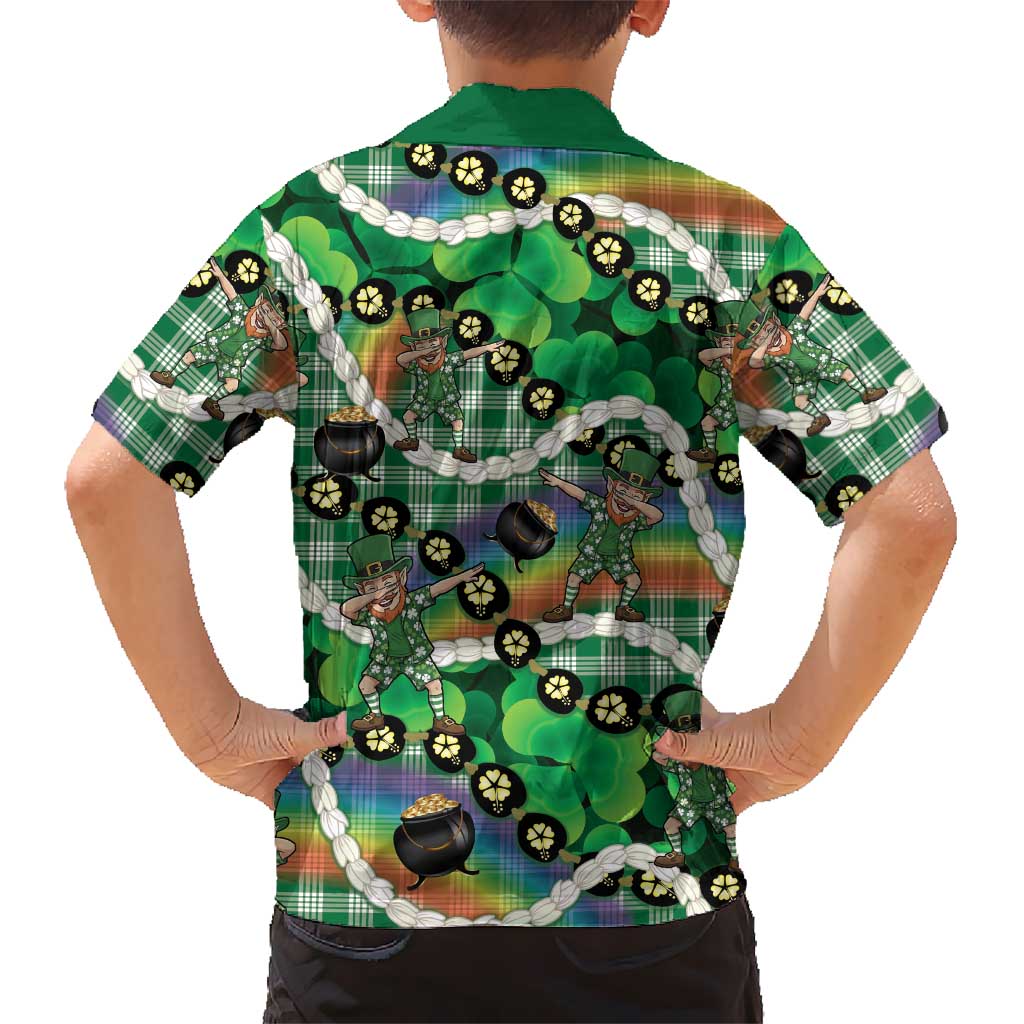 St Patrick's Day Palaka Hawaii Kid Hawaiian Shirt Kukui Nut Pikake Lei Shamrock Dabbing Leprechaun LT14 - Polynesian Pride