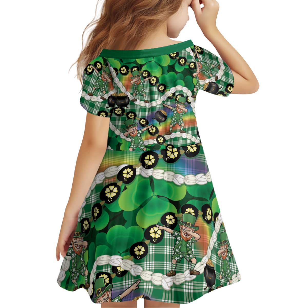 St Patrick's Day Palaka Hawaii Kid Short Sleeve Dress Kukui Nut Pikake Lei Shamrock Dabbing Leprechaun LT14 - Polynesian Pride