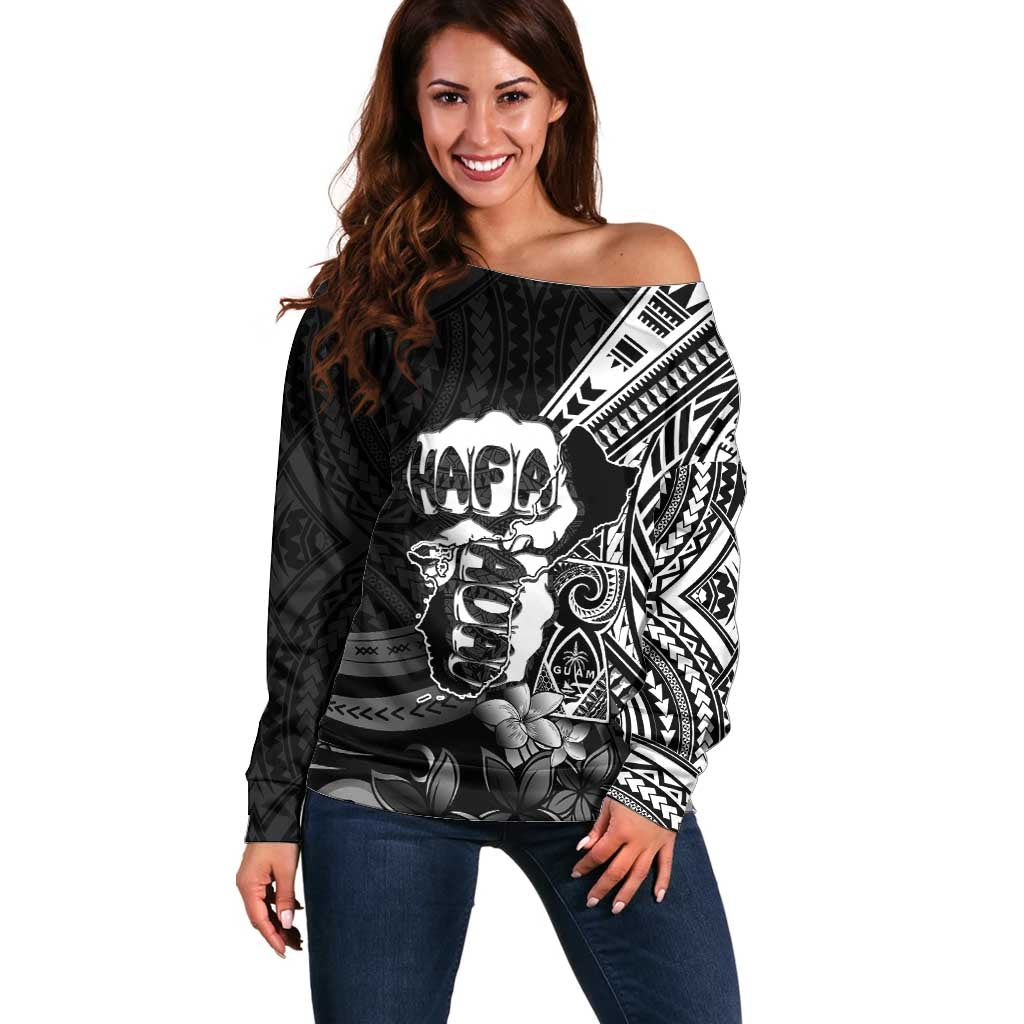 Hafa Adai Guam Discovery Day Off Shoulder Sweater Chamorro Latte Stone Hand Black Version LT14 Women Black - Polynesian Pride