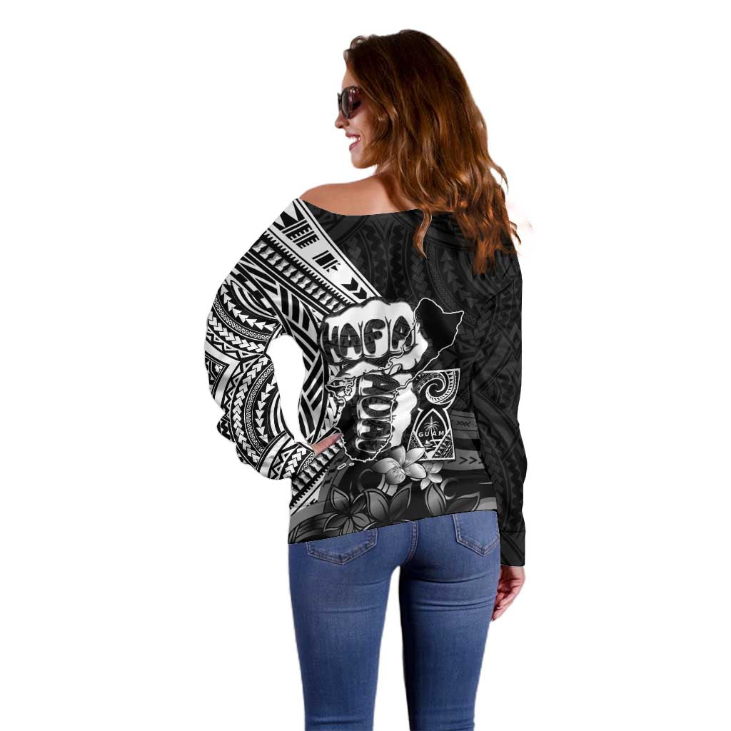 Hafa Adai Guam Discovery Day Off Shoulder Sweater Chamorro Latte Stone Hand Black Version LT14 - Polynesian Pride