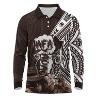 Hafa Adai Guam Discovery Day Long Sleeve Polo Shirt Chamorro Latte Stone Hand Brown Version LT14 Brown - Polynesian Pride