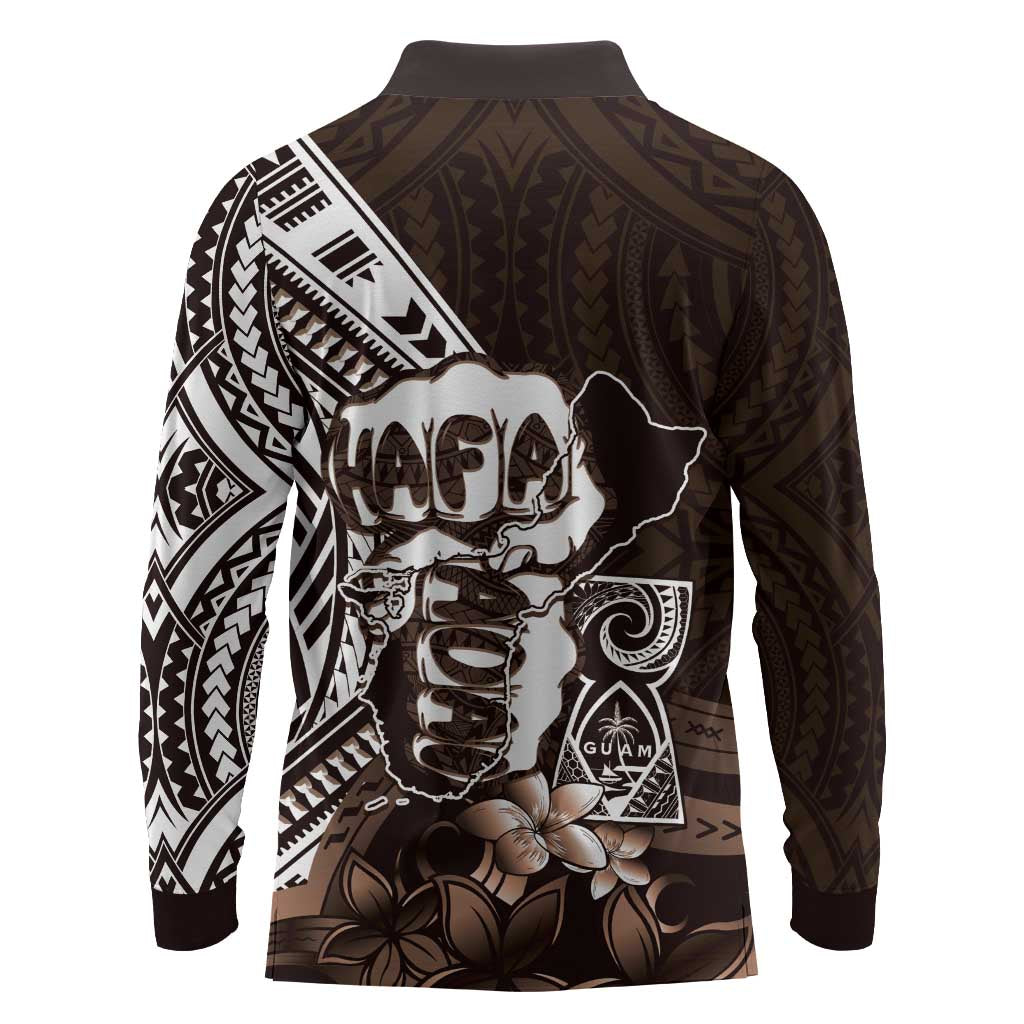 Hafa Adai Guam Discovery Day Long Sleeve Polo Shirt Chamorro Latte Stone Hand Brown Version LT14 - Polynesian Pride
