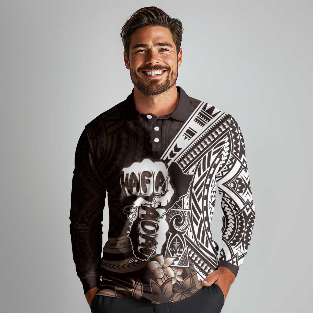 Hafa Adai Guam Discovery Day Long Sleeve Polo Shirt Chamorro Latte Stone Hand Brown Version LT14 - Polynesian Pride