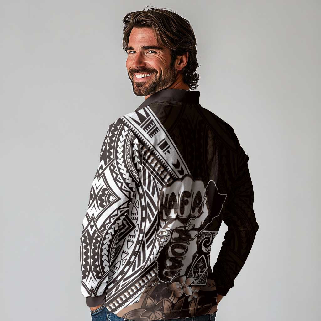 Hafa Adai Guam Discovery Day Long Sleeve Polo Shirt Chamorro Latte Stone Hand Brown Version LT14 - Polynesian Pride