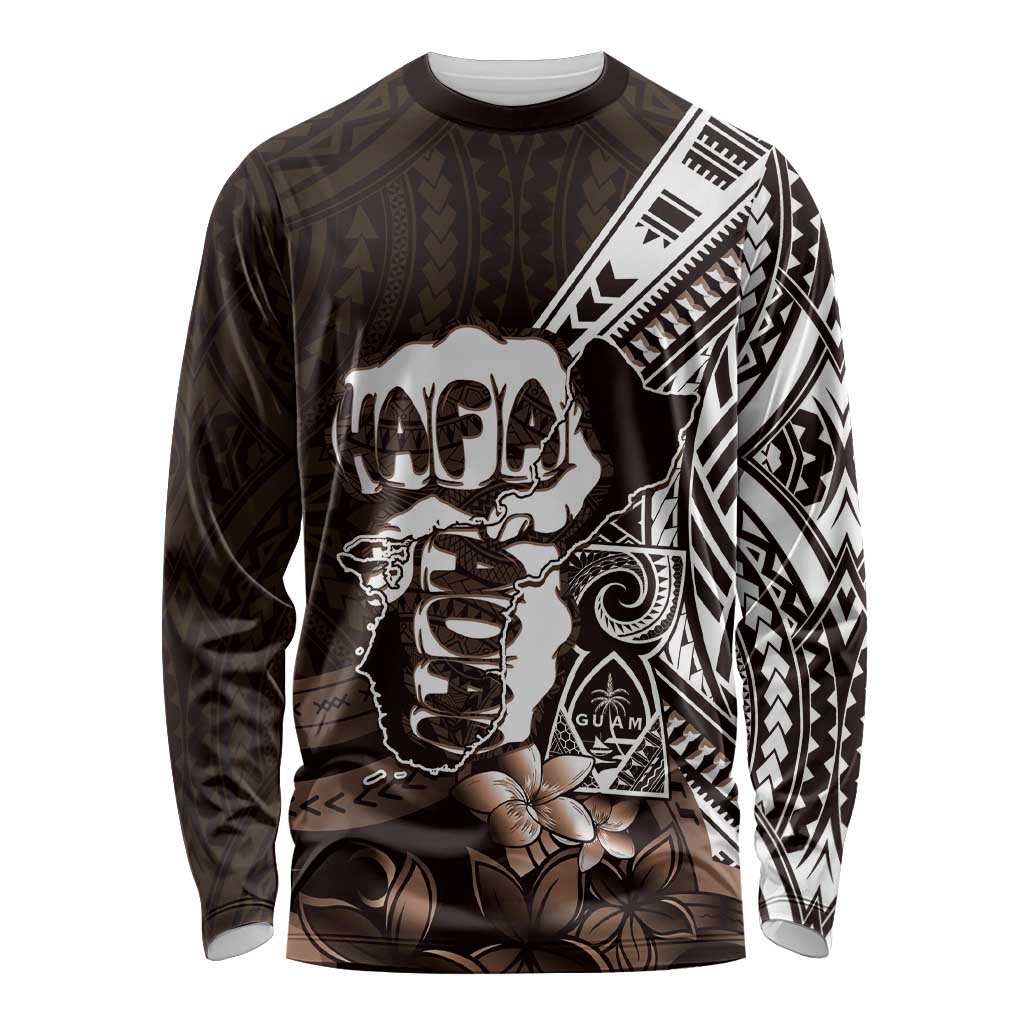 Hafa Adai Guam Discovery Day Long Sleeve Shirt Chamorro Latte Stone Hand Brown Version LT14 Unisex Brown - Polynesian Pride