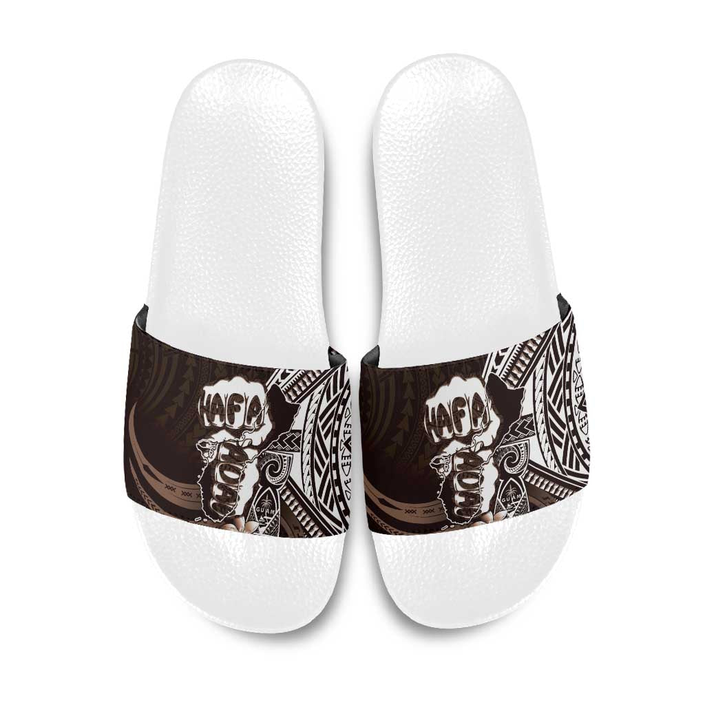 Hafa Adai Guam Discovery Day Slide Sandals Chamorro Latte Stone Hand Brown Version LT14 Brown - Polynesian Pride