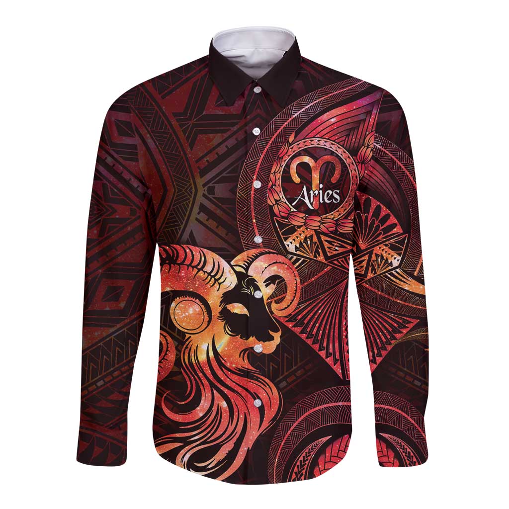 Personalised Polynesia Zodiac Aries Long Sleeve Button Shirt Galaxy Polynesian Pattern Chest Tattoo Style LT14 Unisex Red - Polynesian Pride