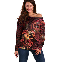 Personalised Polynesia Zodiac Aries Off Shoulder Sweater Galaxy Polynesian Pattern Chest Tattoo Style LT14 Women Red - Polynesian Pride