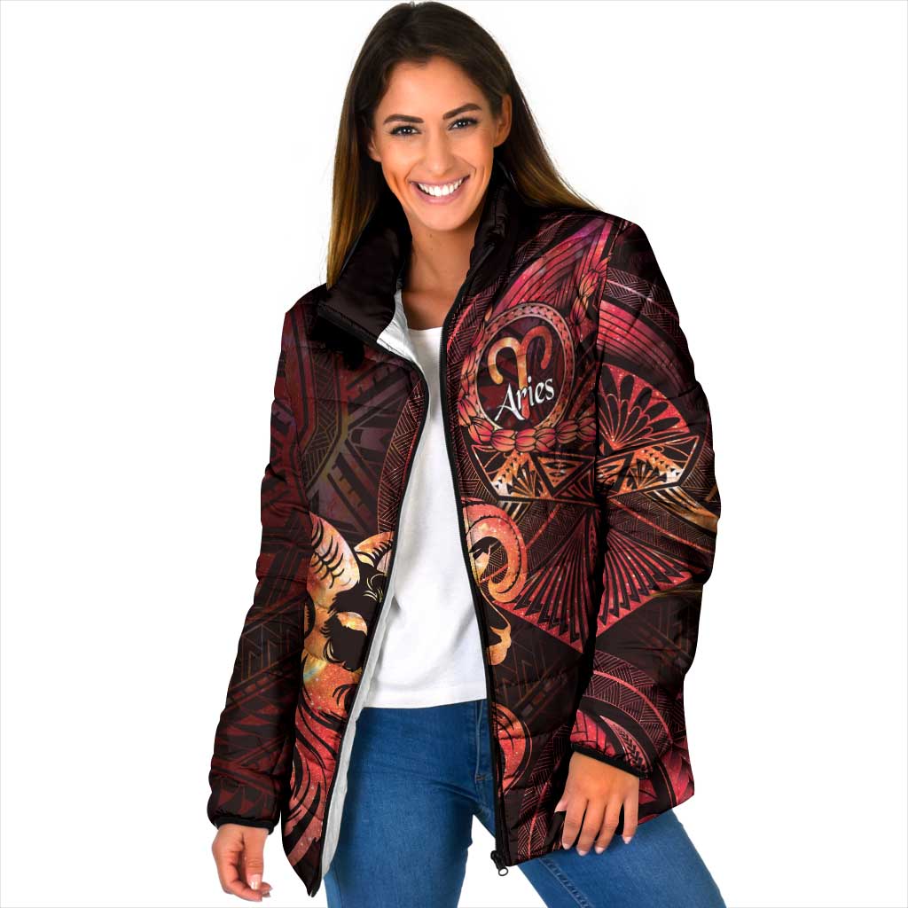 Personalised Polynesia Zodiac Aries Padded Jacket Galaxy Polynesian Pattern Chest Tattoo Style LT14 Women Red - Polynesian Pride