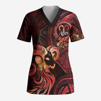 Personalised Polynesia Zodiac Aries Scrub Top Galaxy Polynesian Pattern Chest Tattoo Style LT14 Adult Red - Polynesian Pride