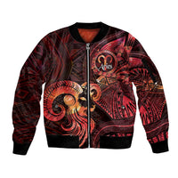 Personalised Polynesia Zodiac Aries Sleeve Zip Bomber Jacket Galaxy Polynesian Pattern Chest Tattoo Style LT14 Unisex Red - Polynesian Pride