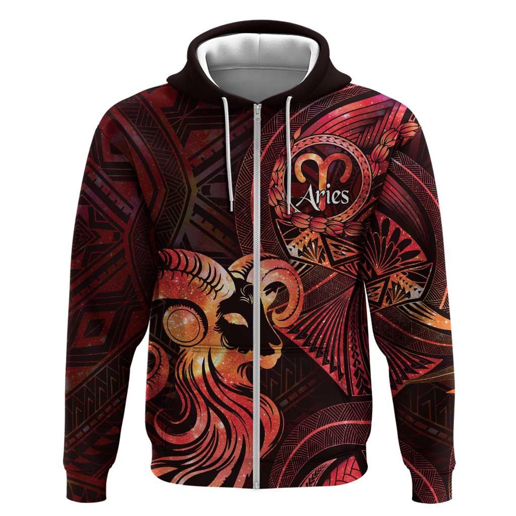 Personalised Polynesia Zodiac Aries Zip Hoodie Galaxy Polynesian Pattern Chest Tattoo Style LT14 Zip Hoodie Red - Polynesian Pride