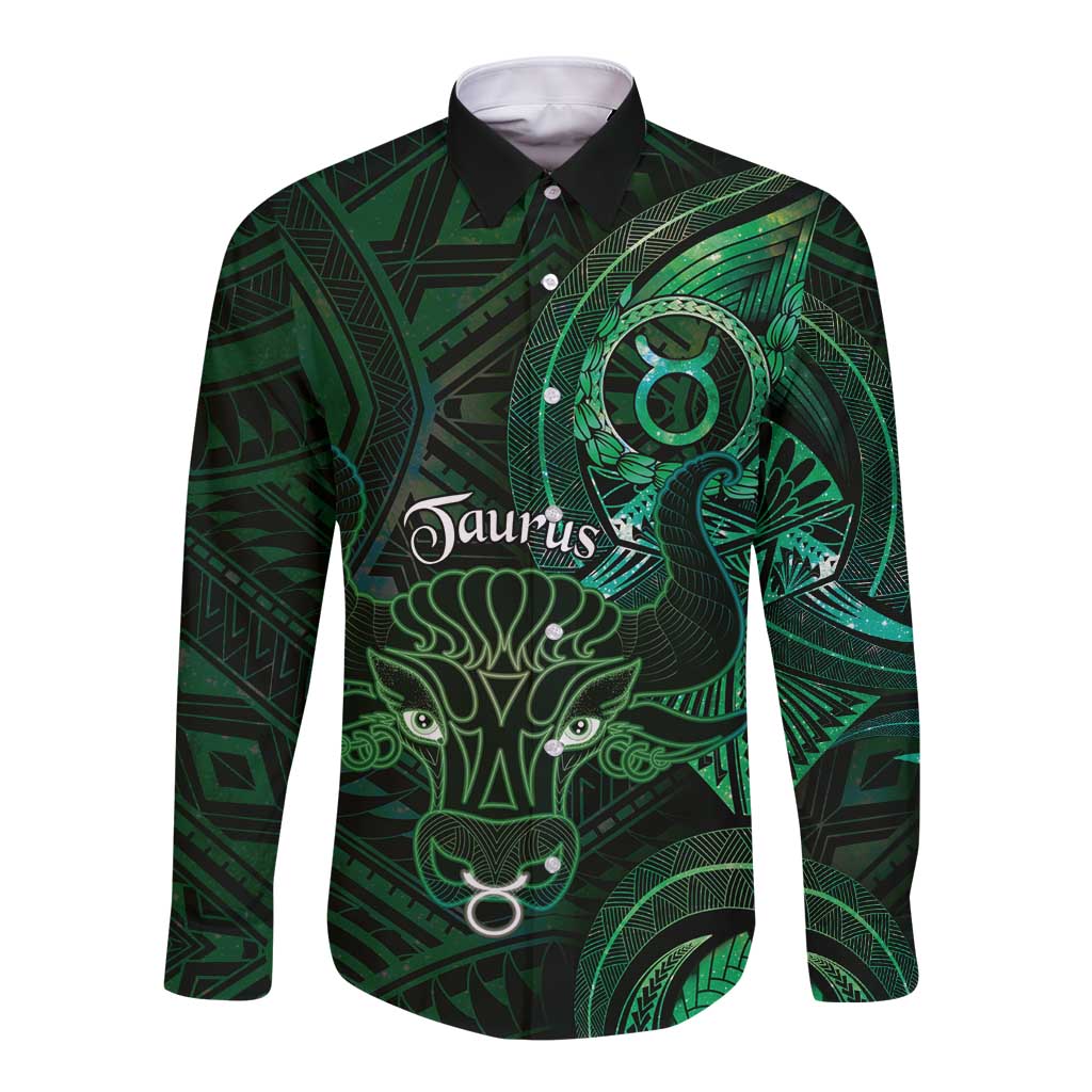 Personalised Polynesia Zodiac Taurus Long Sleeve Button Shirt Galaxy Polynesian Pattern Chest Tattoo Style LT14 Unisex Green - Polynesian Pride