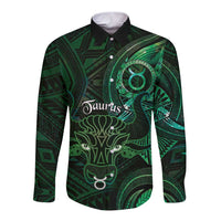 Personalised Polynesia Zodiac Taurus Long Sleeve Button Shirt Galaxy Polynesian Pattern Chest Tattoo Style LT14 Unisex Green - Polynesian Pride