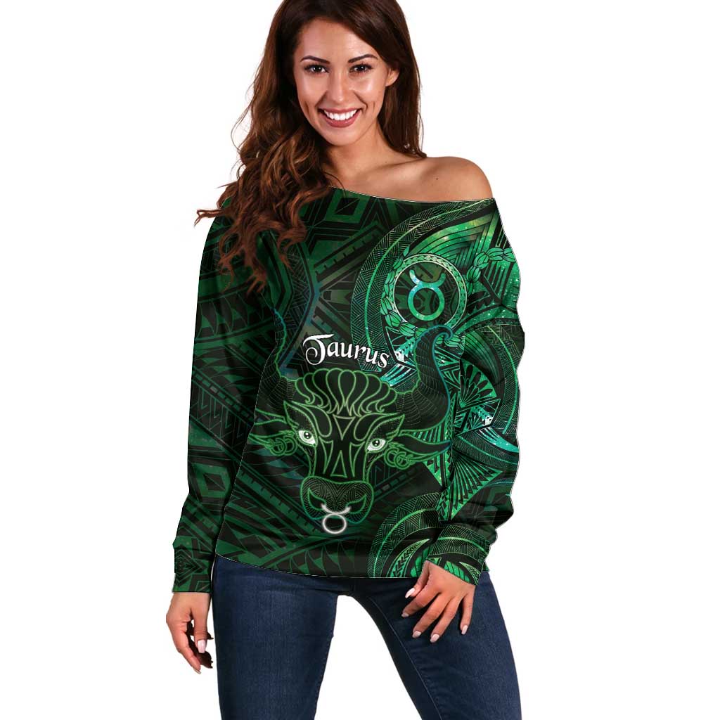 Personalised Polynesia Zodiac Taurus Off Shoulder Sweater Galaxy Polynesian Pattern Chest Tattoo Style LT14 Women Green - Polynesian Pride