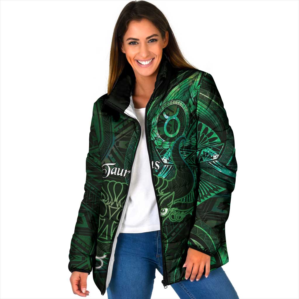 Personalised Polynesia Zodiac Taurus Padded Jacket Galaxy Polynesian Pattern Chest Tattoo Style LT14 Women Green - Polynesian Pride