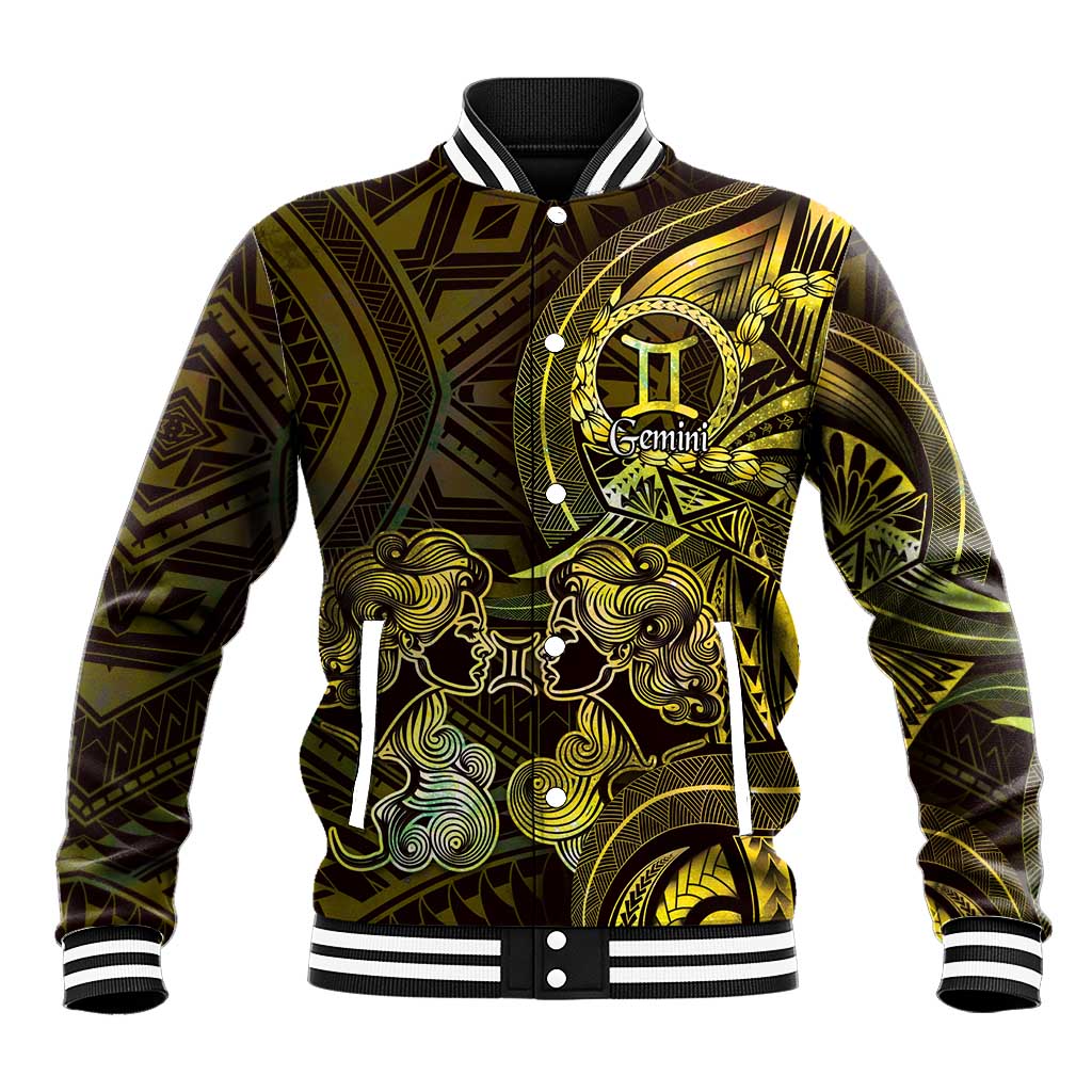Personalised Polynesia Zodiac Gemini Baseball Jacket Galaxy Polynesian Pattern Chest Tattoo Style LT14 Unisex Yellow - Polynesian Pride