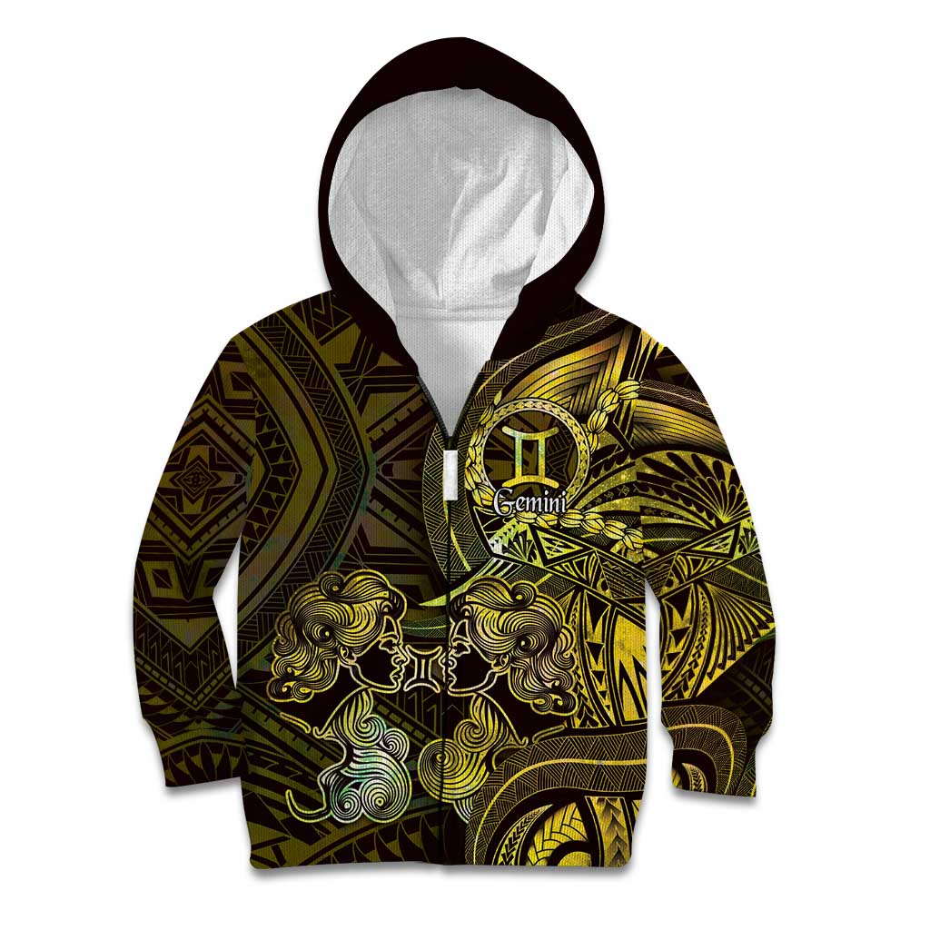 Personalised Polynesia Zodiac Gemini Kid Hoodie Galaxy Polynesian Pattern Chest Tattoo Style LT14 Zip Hoodie Yellow - Polynesian Pride