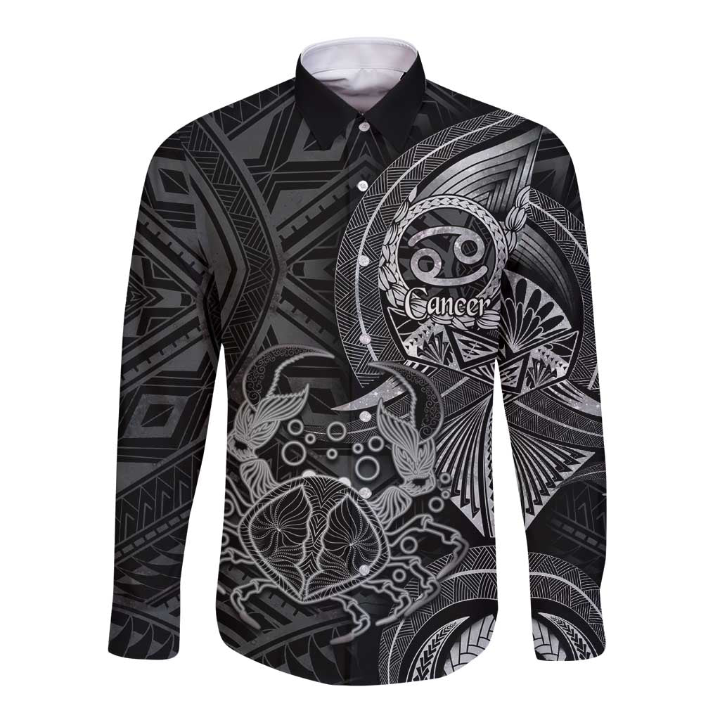 Personalised Polynesia Zodiac Cancer Long Sleeve Button Shirt Galaxy Polynesian Pattern Chest Tattoo Style LT14 Unisex Black - Polynesian Pride