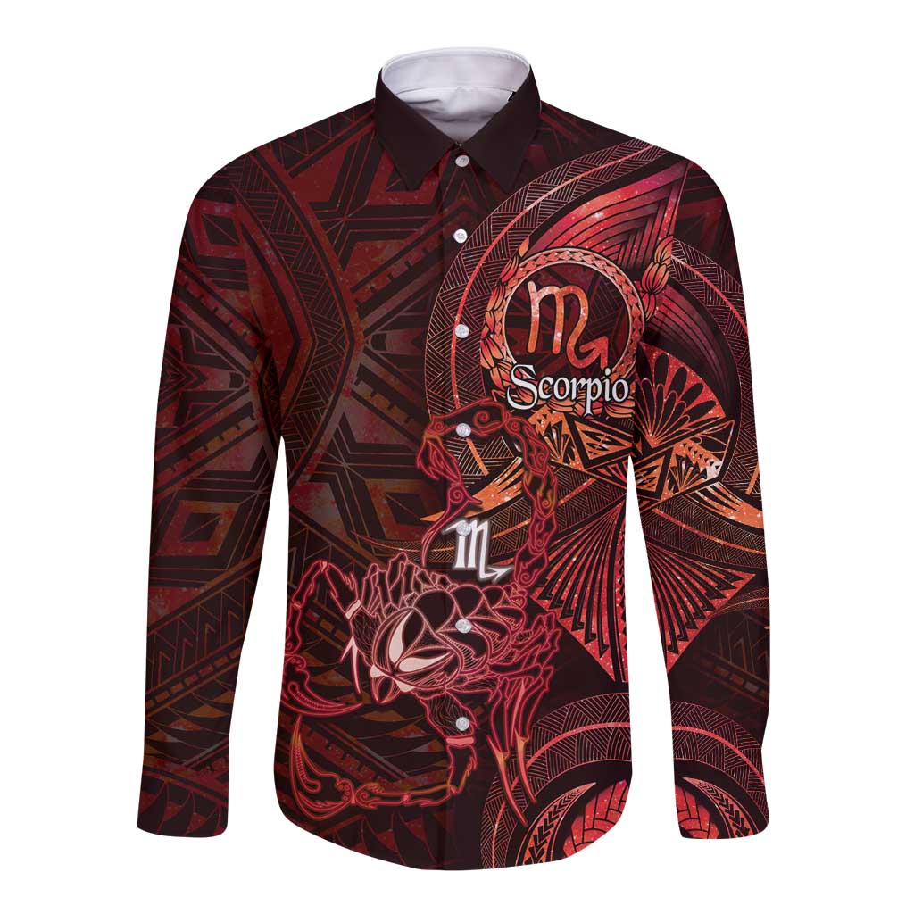 Personalised Polynesia Zodiac Scorpio Long Sleeve Button Shirt Galaxy Polynesian Pattern Chest Tattoo Style LT14 Unisex Red - Polynesian Pride