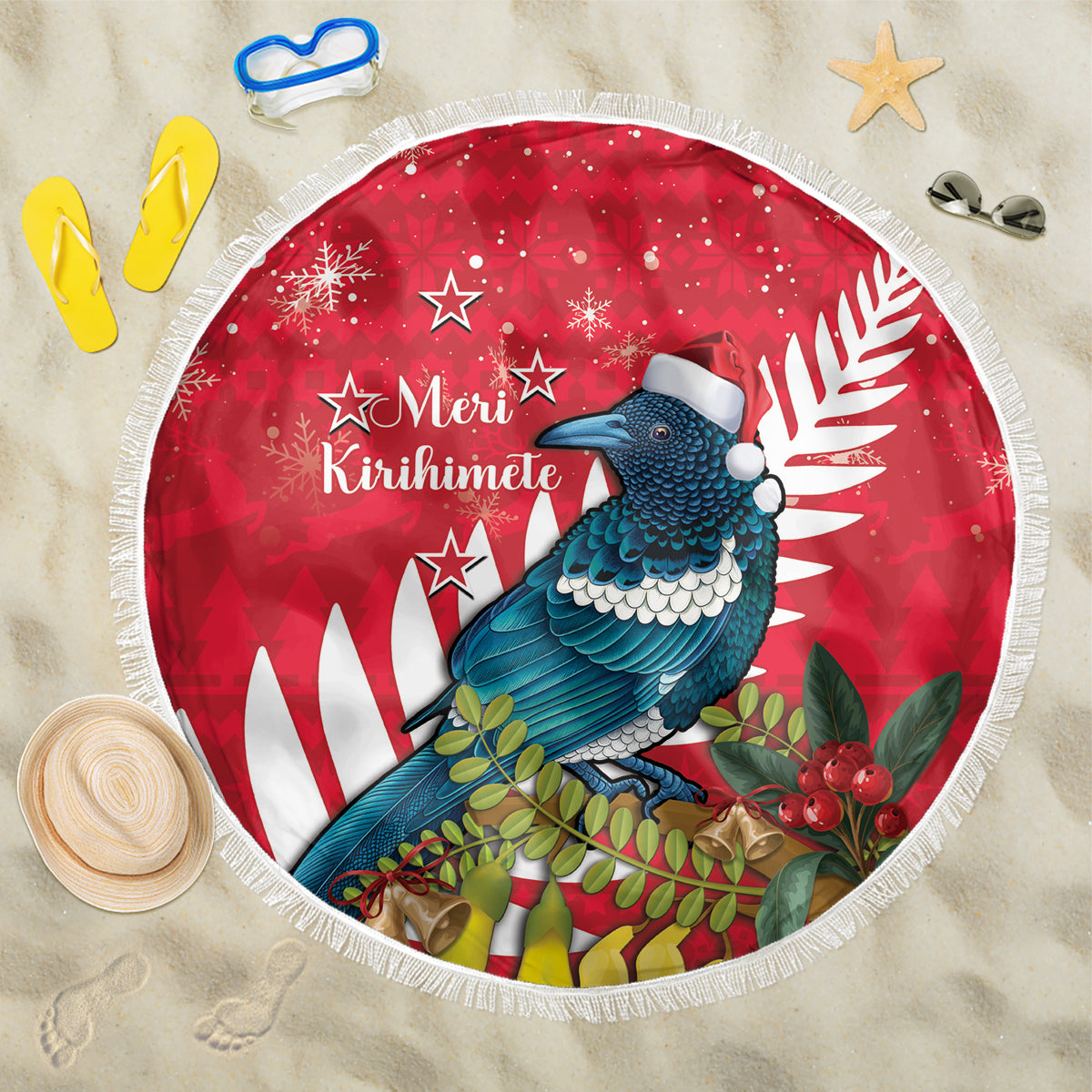 New Zealand Christmas In July Beach Blanket Tui Bird With Kowhai Meri Kirihimete LT14 One Size 150cm Red - Polynesian Pride