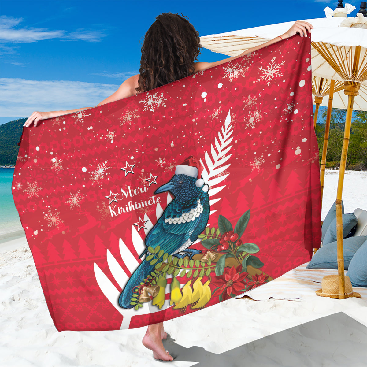 New Zealand Christmas In July Sarong Tui Bird With Kowhai Meri Kirihimete LT14 One Size 44 x 66 inches Red - Polynesian Pride