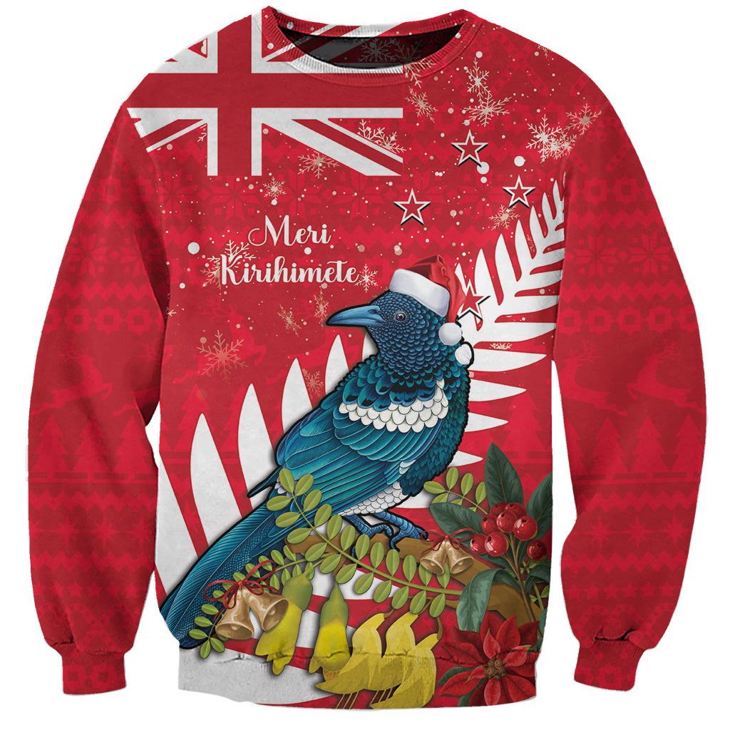 New Zealand Christmas In July Sweatshirt Tui Bird With Kowhai Meri Kirihimete LT14 Unisex Red - Polynesian Pride