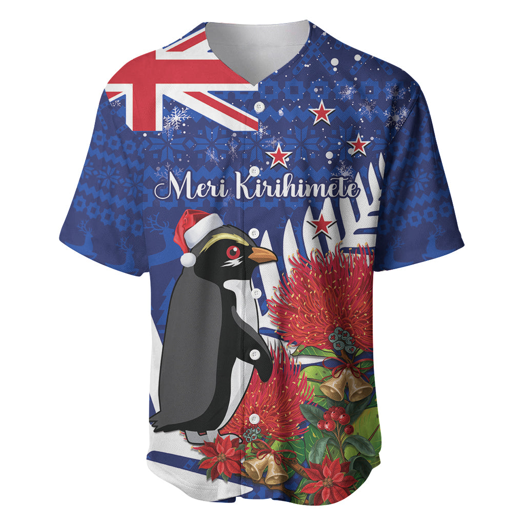 New Zealand Christmas In July Baseball Jersey Fiordland Penguin With Pohutukawa Flower LT14 Blue - Polynesian Pride
