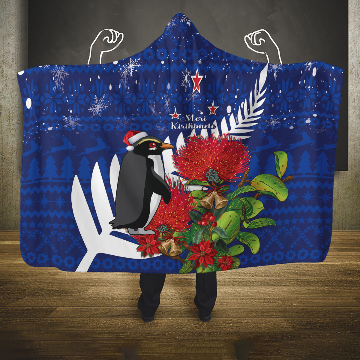 New Zealand Christmas In July Hooded Blanket Fiordland Penguin With Pohutukawa Flower LT14 One Size Blue - Polynesian Pride