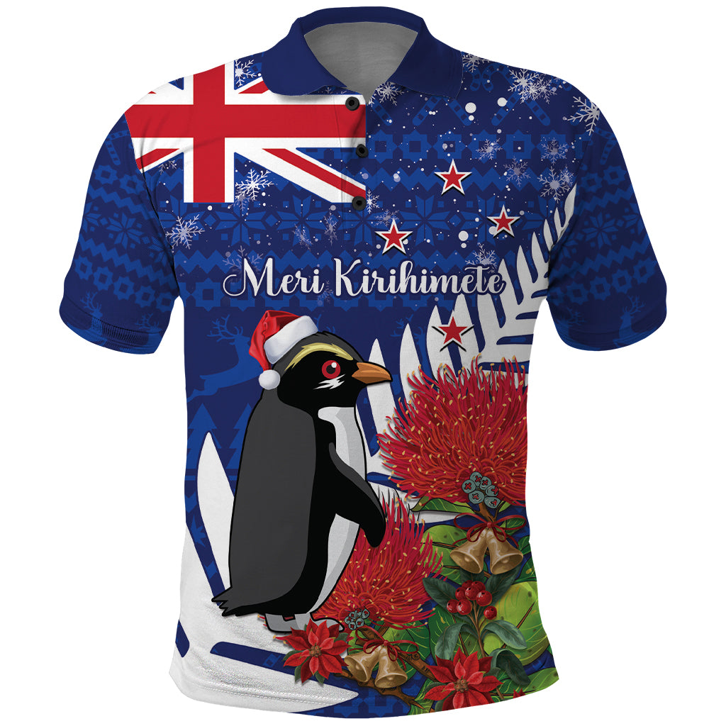 New Zealand Christmas In July Polo Shirt Fiordland Penguin With Pohutukawa Flower