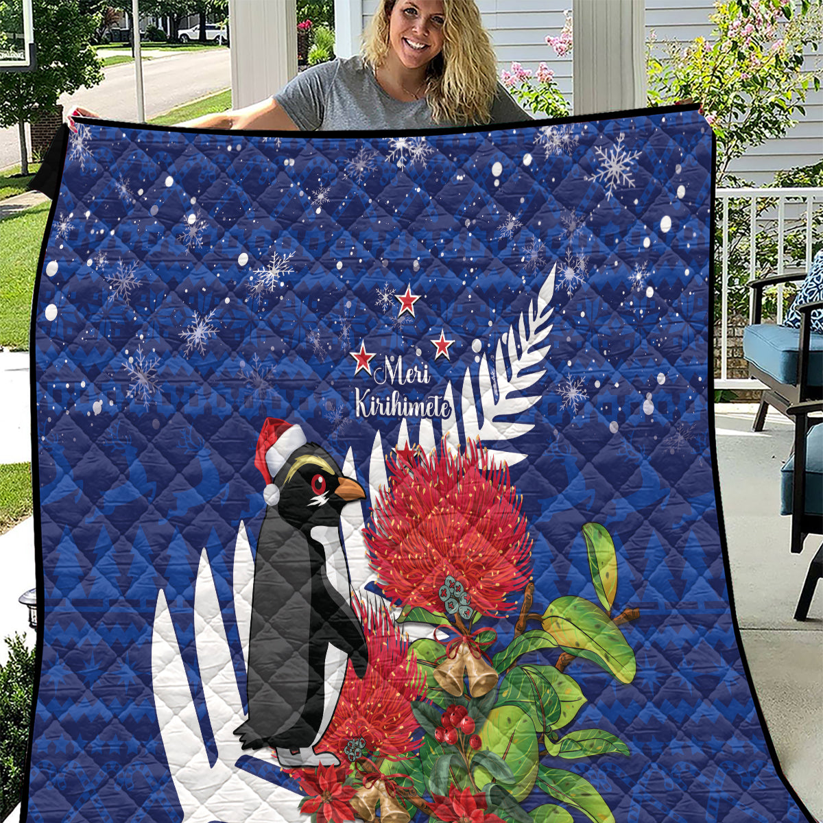 New Zealand Christmas In July Quilt Fiordland Penguin With Pohutukawa Flower