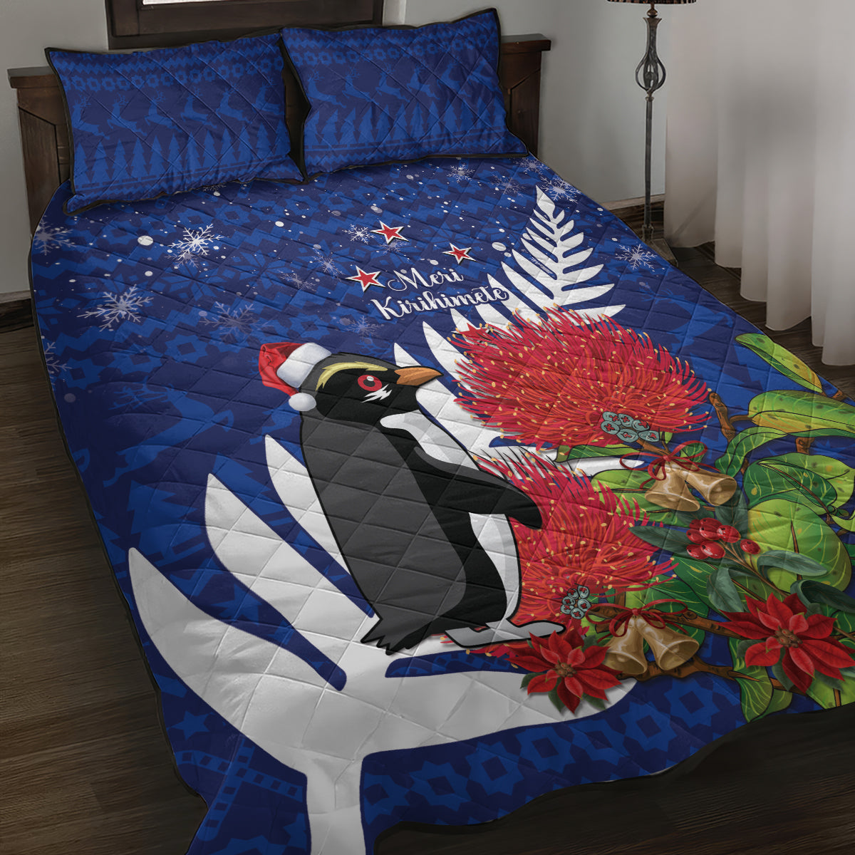 New Zealand Christmas In July Quilt Bed Set Fiordland Penguin With Pohutukawa Flower