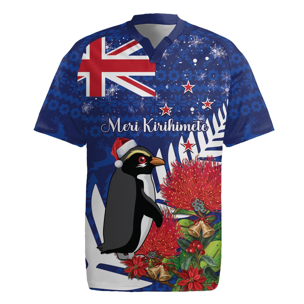 New Zealand Christmas In July Rugby Jersey Fiordland Penguin With Pohutukawa Flower LT14 Blue - Polynesian Pride