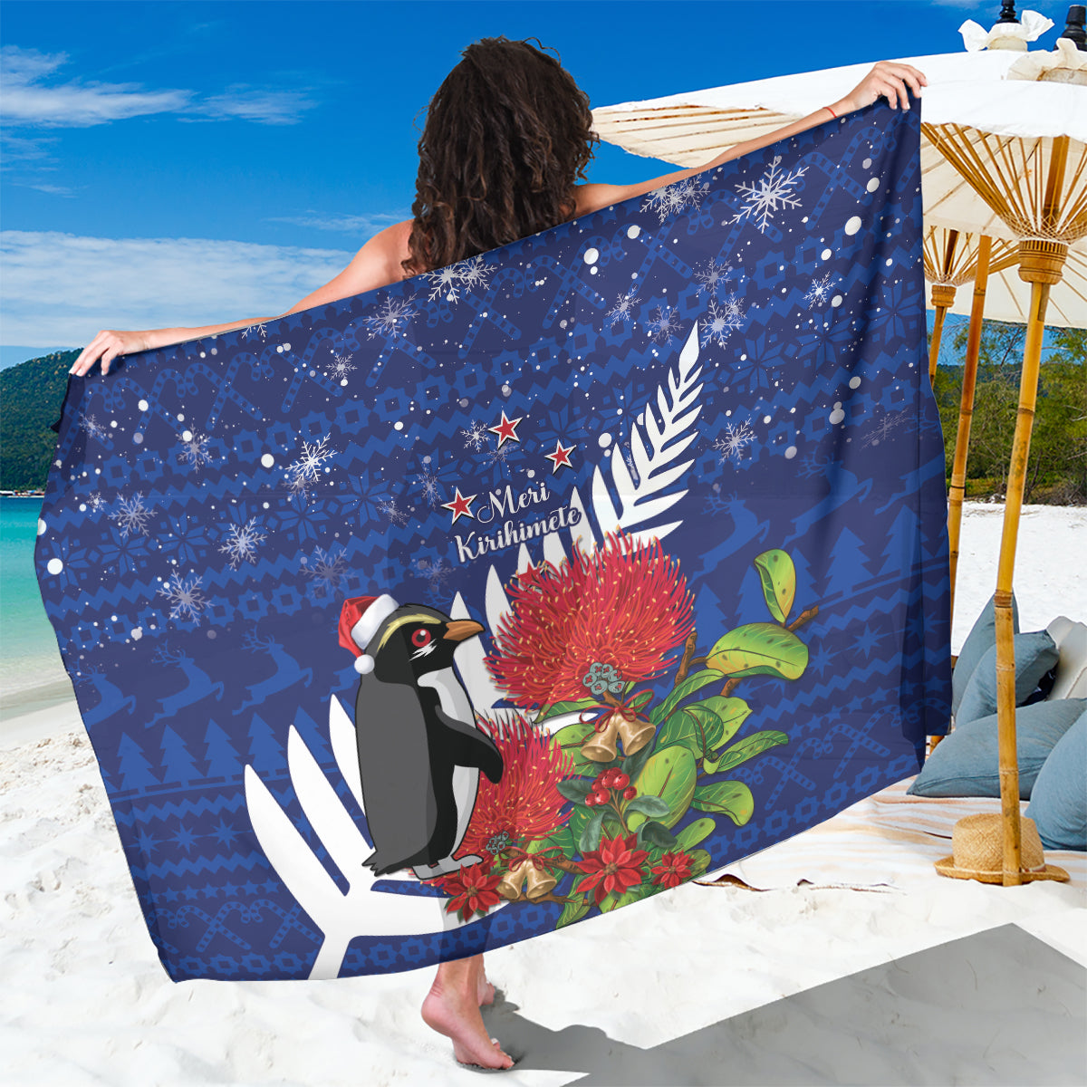 New Zealand Christmas In July Sarong Fiordland Penguin With Pohutukawa Flower LT14 One Size 44 x 66 inches Blue - Polynesian Pride