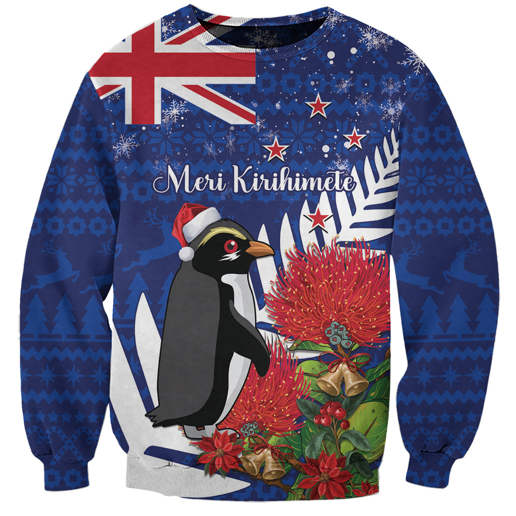 New Zealand Christmas In July Sweatshirt Fiordland Penguin With Pohutukawa Flower LT14 Unisex Blue - Polynesian Pride