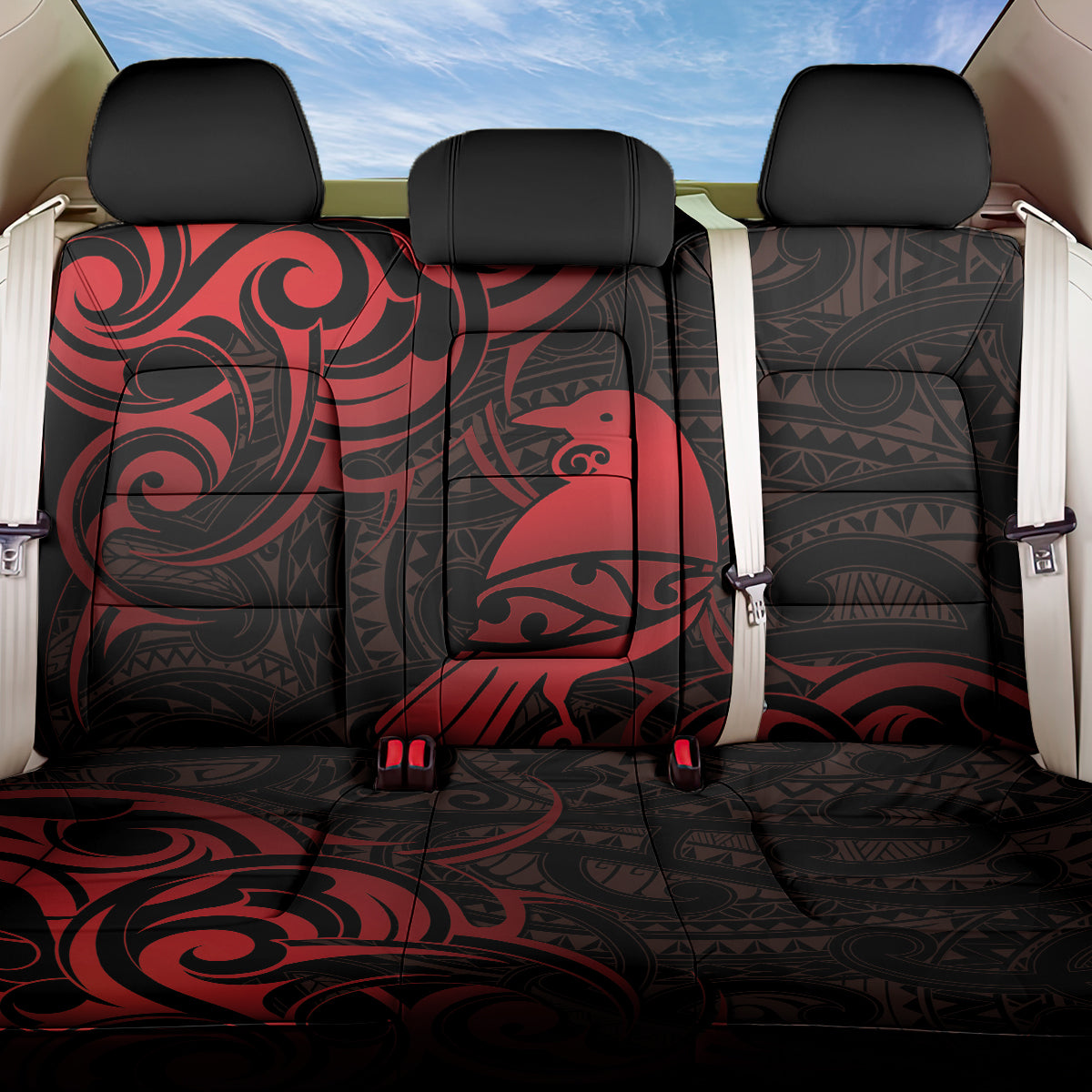 New Zealand Tui Bird Back Car Seat Cover Aotearoa Maori Pattern - Red LT14 One Size Red - Polynesian Pride