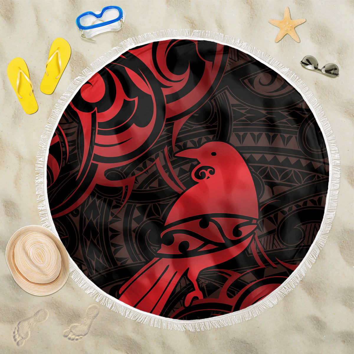 New Zealand Tui Bird Beach Blanket Aotearoa Maori Pattern - Red LT14 One Size 150cm Red - Polynesian Pride