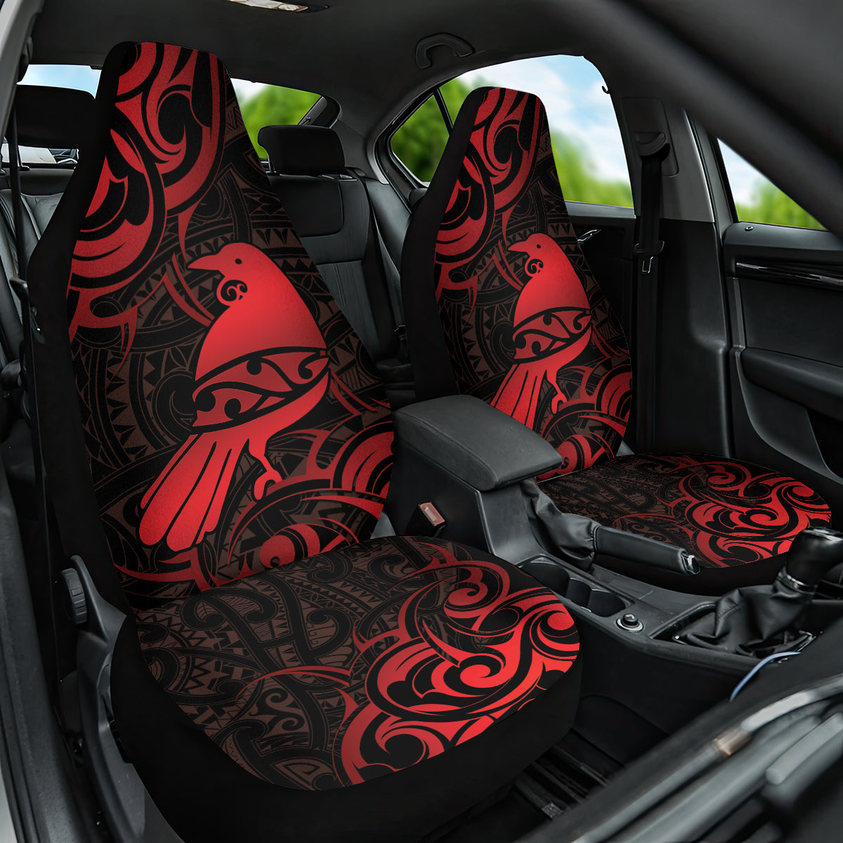 New Zealand Tui Bird Car Seat Cover Aotearoa Maori Pattern - Red LT14 One Size Red - Polynesian Pride
