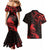 New Zealand Tui Bird Couples Matching Mermaid Dress and Hawaiian Shirt Aotearoa Maori Pattern - Red