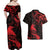 New Zealand Tui Bird Couples Matching Off Shoulder Maxi Dress and Hawaiian Shirt Aotearoa Maori Pattern - Red