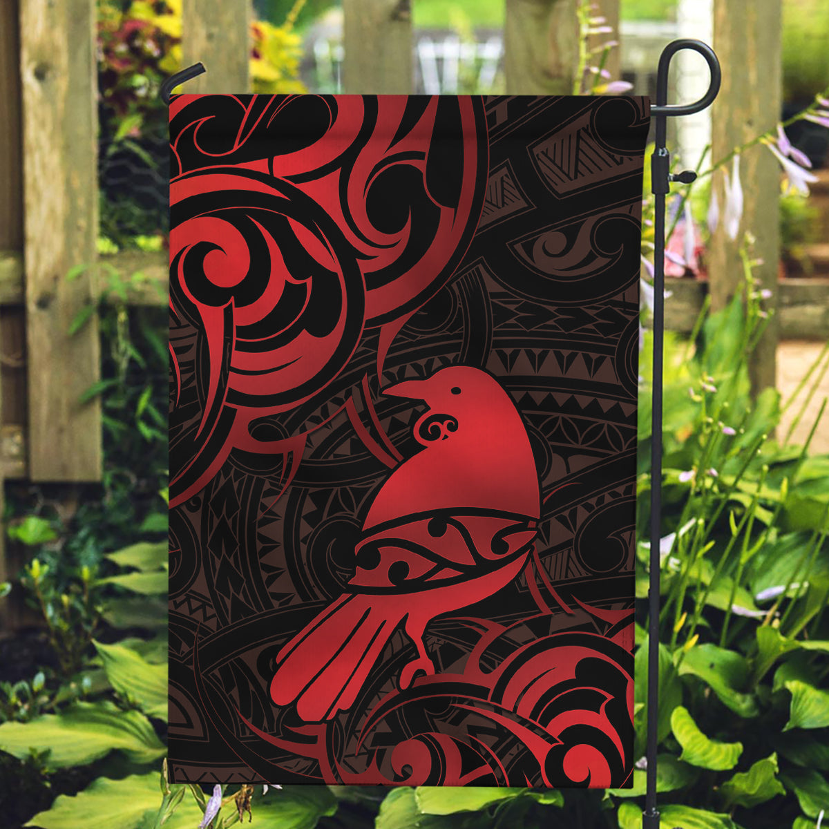 New Zealand Tui Bird Garden Flag Aotearoa Maori Pattern - Red LT14 Garden Flag Red - Polynesian Pride