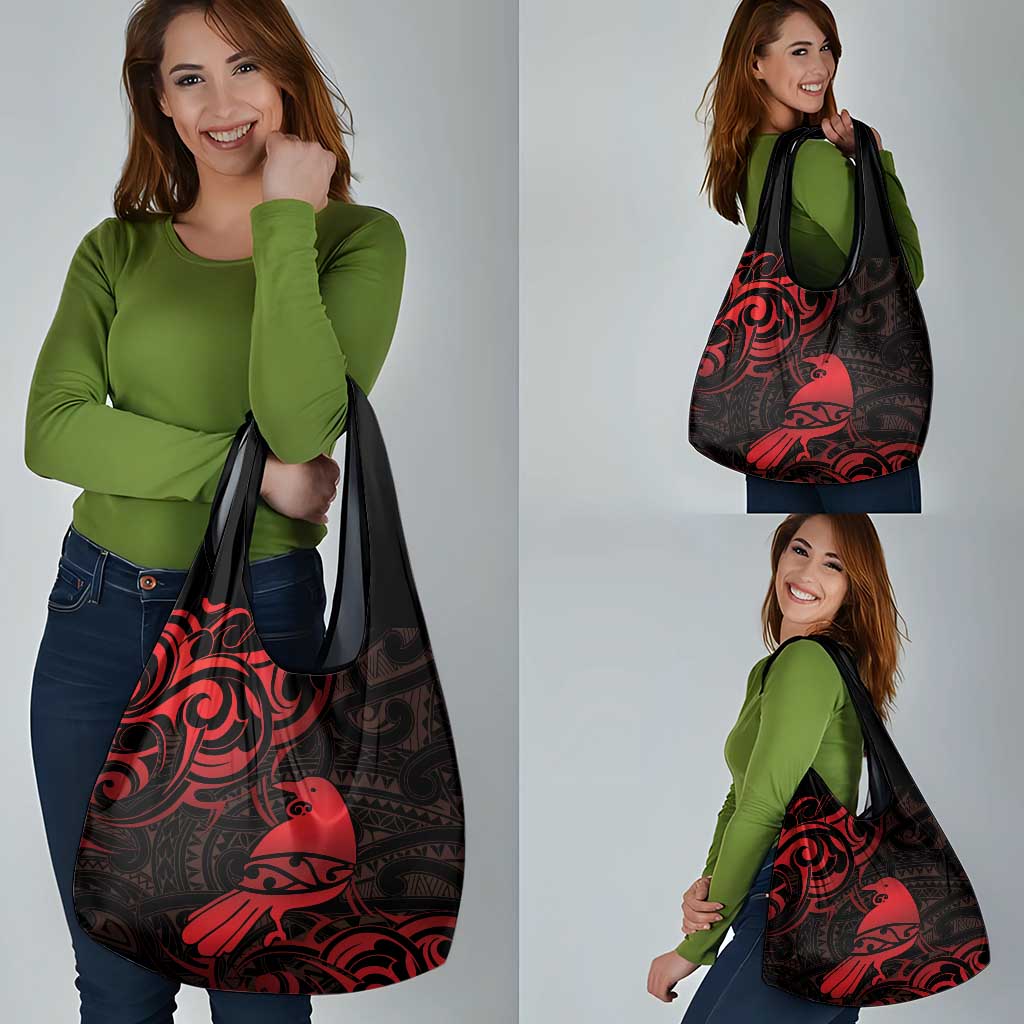 New Zealand Tui Bird Grocery Bag Aotearoa Maori Pattern - Red LT14 - Polynesian Pride
