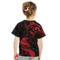 New Zealand Tui Bird Kid T Shirt Aotearoa Maori Pattern - Red LT14 - Polynesian Pride
