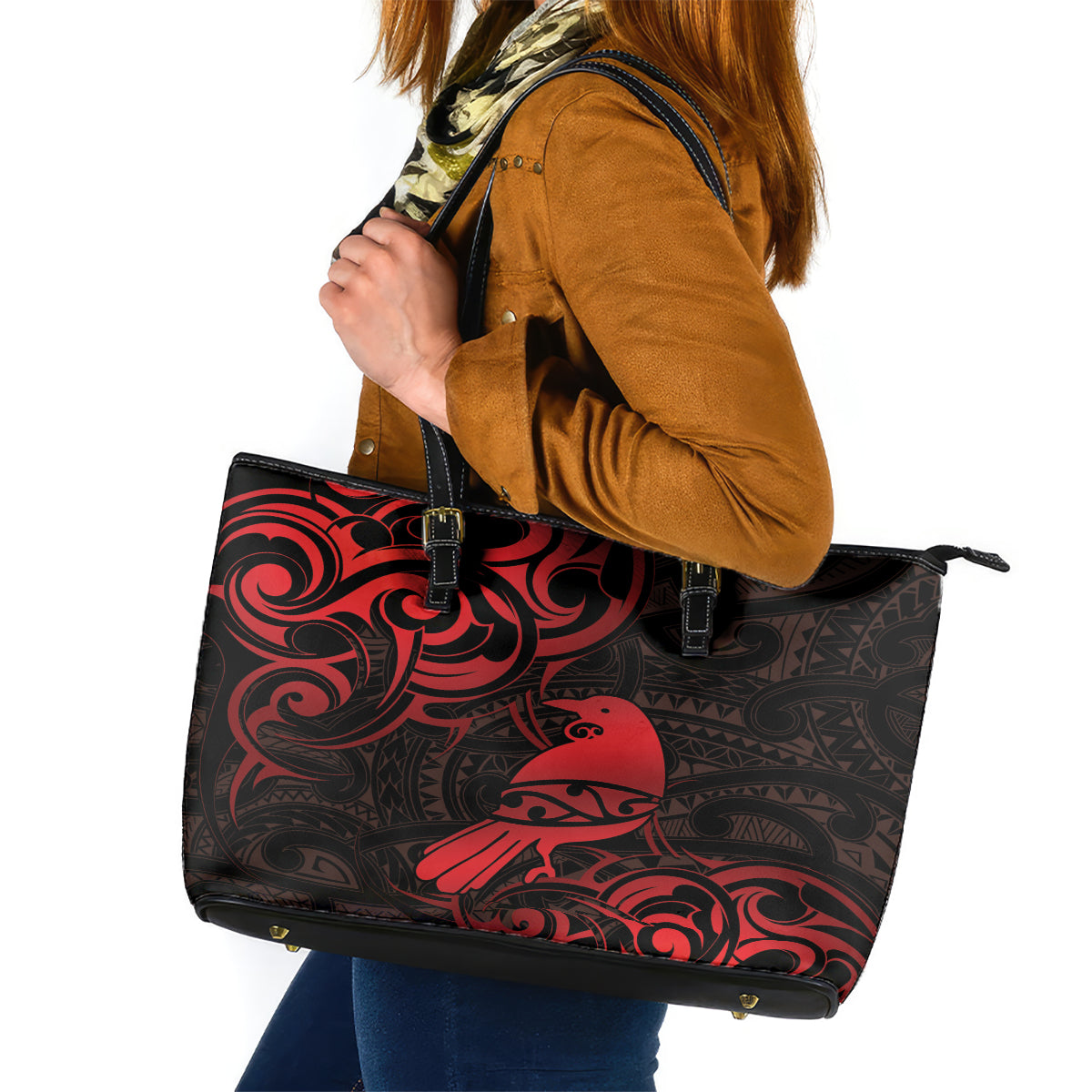 New Zealand Tui Bird Leather Tote Bag Aotearoa Maori Pattern - Red LT14 Red - Polynesian Pride