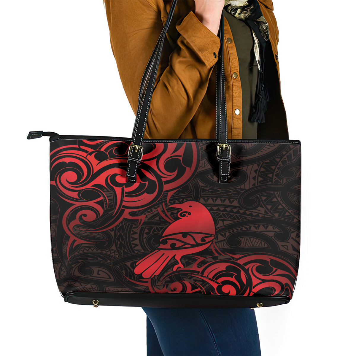 New Zealand Tui Bird Leather Tote Bag Aotearoa Maori Pattern - Red LT14 - Polynesian Pride