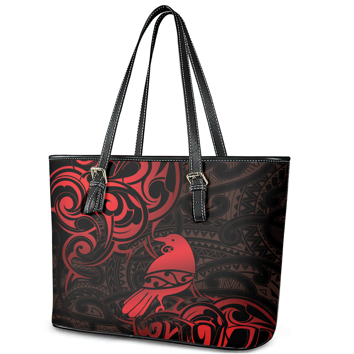 New Zealand Tui Bird Leather Tote Bag Aotearoa Maori Pattern - Red LT14 - Polynesian Pride