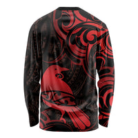 New Zealand Tui Bird Long Sleeve Shirt Aotearoa Maori Pattern - Red LT14 - Polynesian Pride